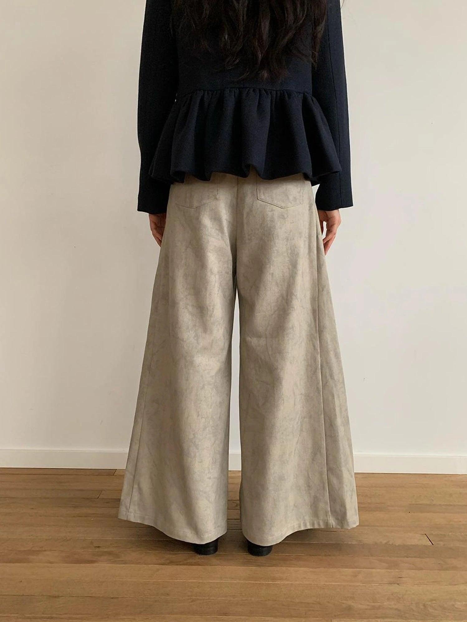 Dory Dory Gray Washed Cotton Wide Leg Pleated Trousers