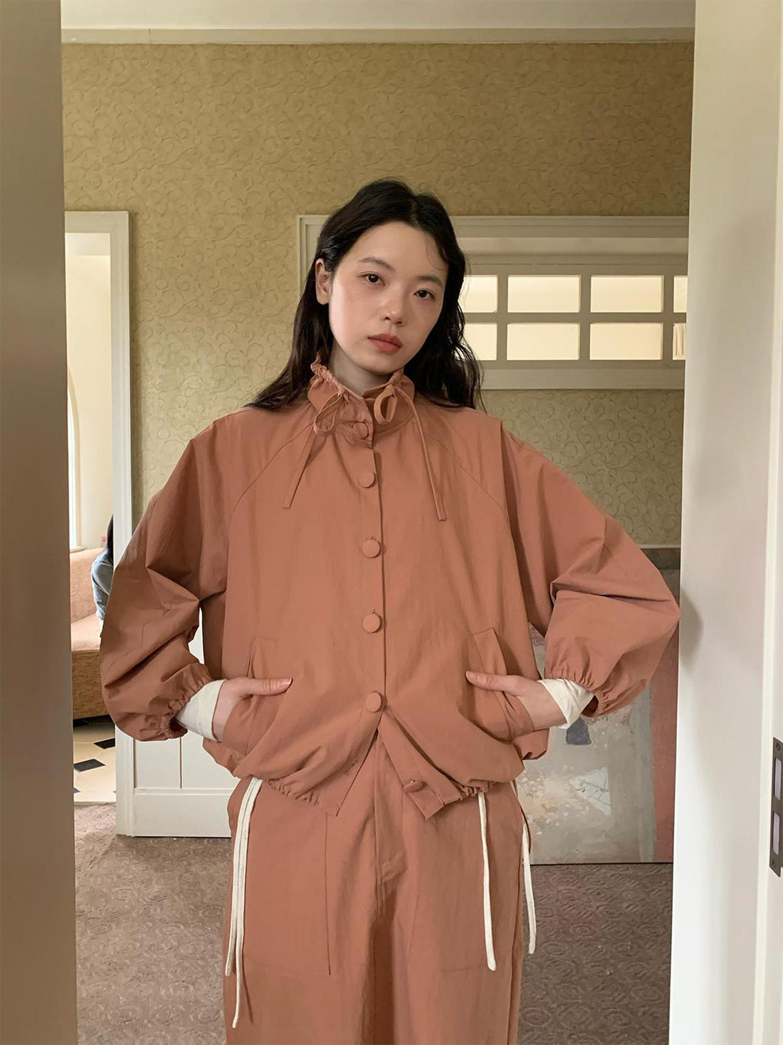 Dorydory Dory Dory Pink Orange High Neck Ribbon Jacket