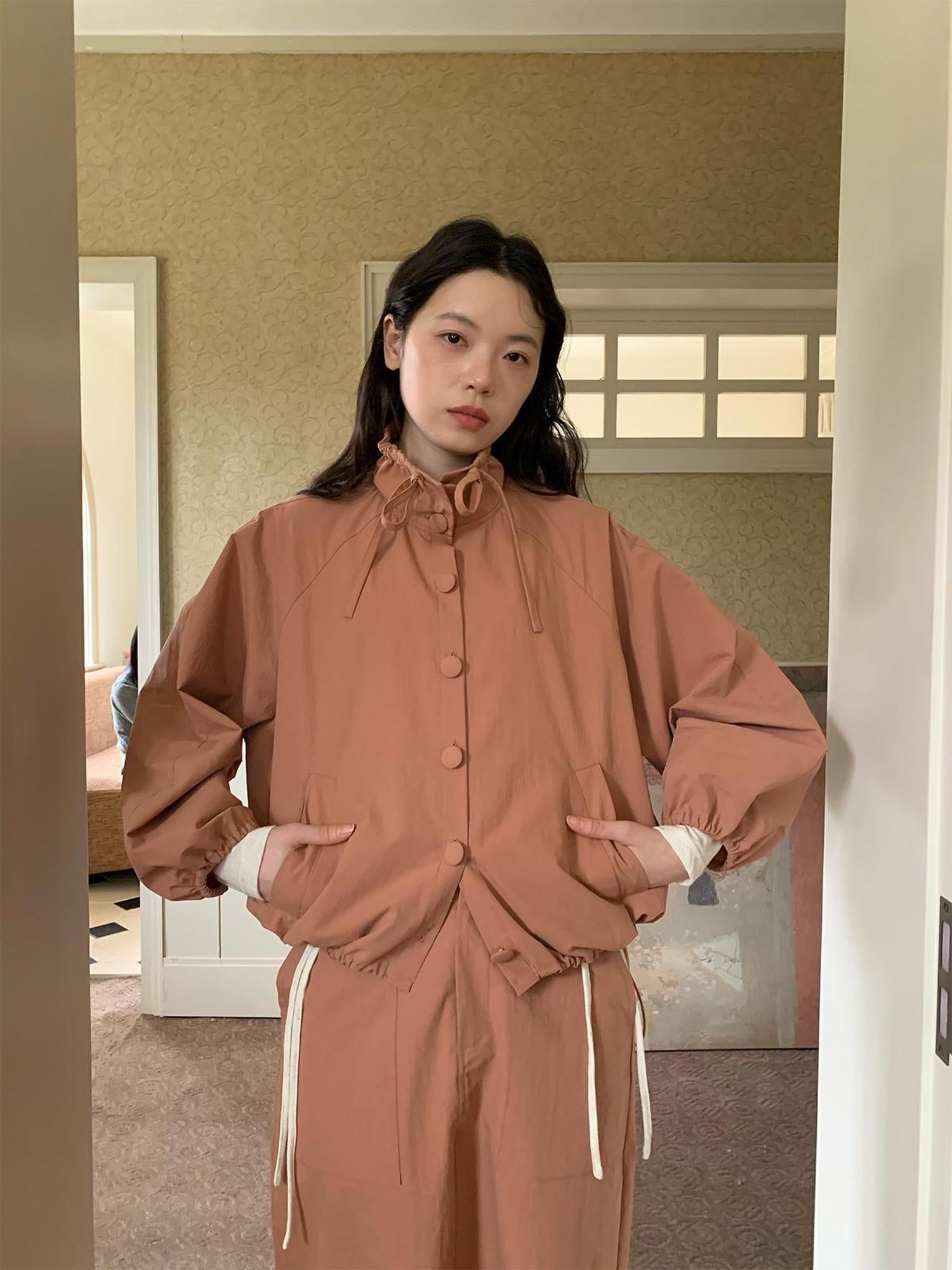 Dorydory Dory Dory Pink Orange High Neck Ribbon Jacket