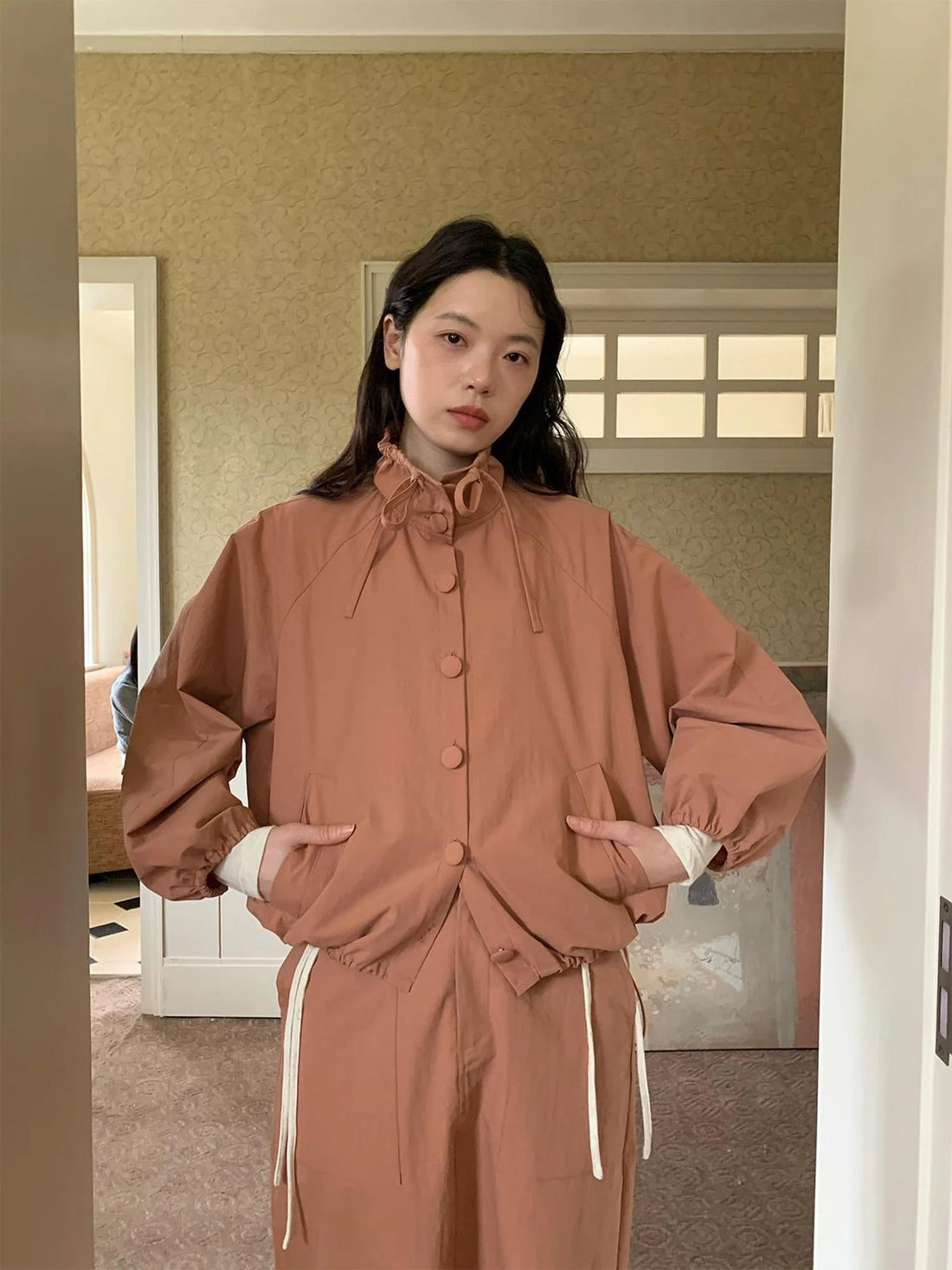 Dory Dory Pink Orange High Neck Ribbon Jacket