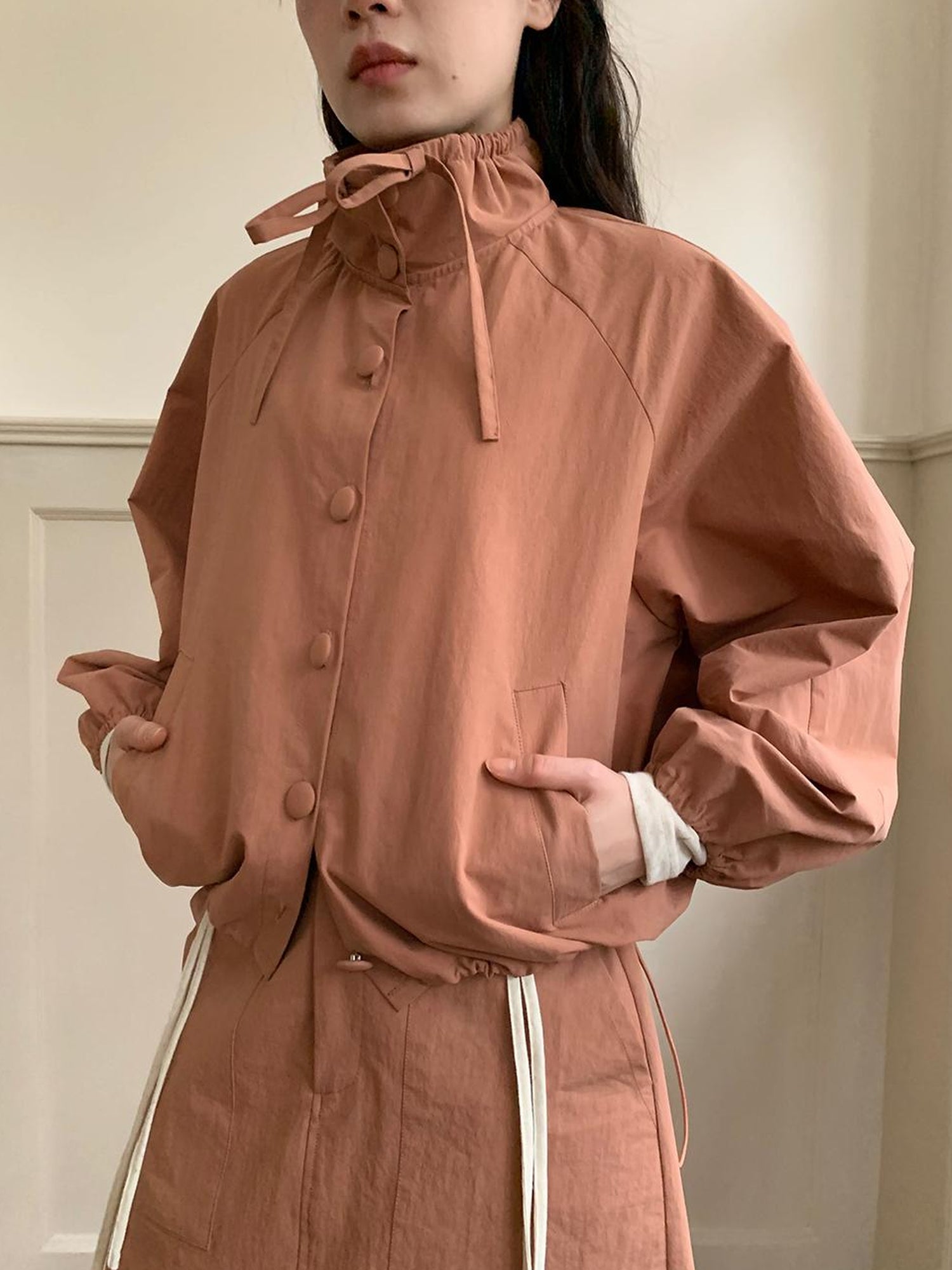 Dorydory Dory Dory Pink Orange High Neck Ribbon Jacket