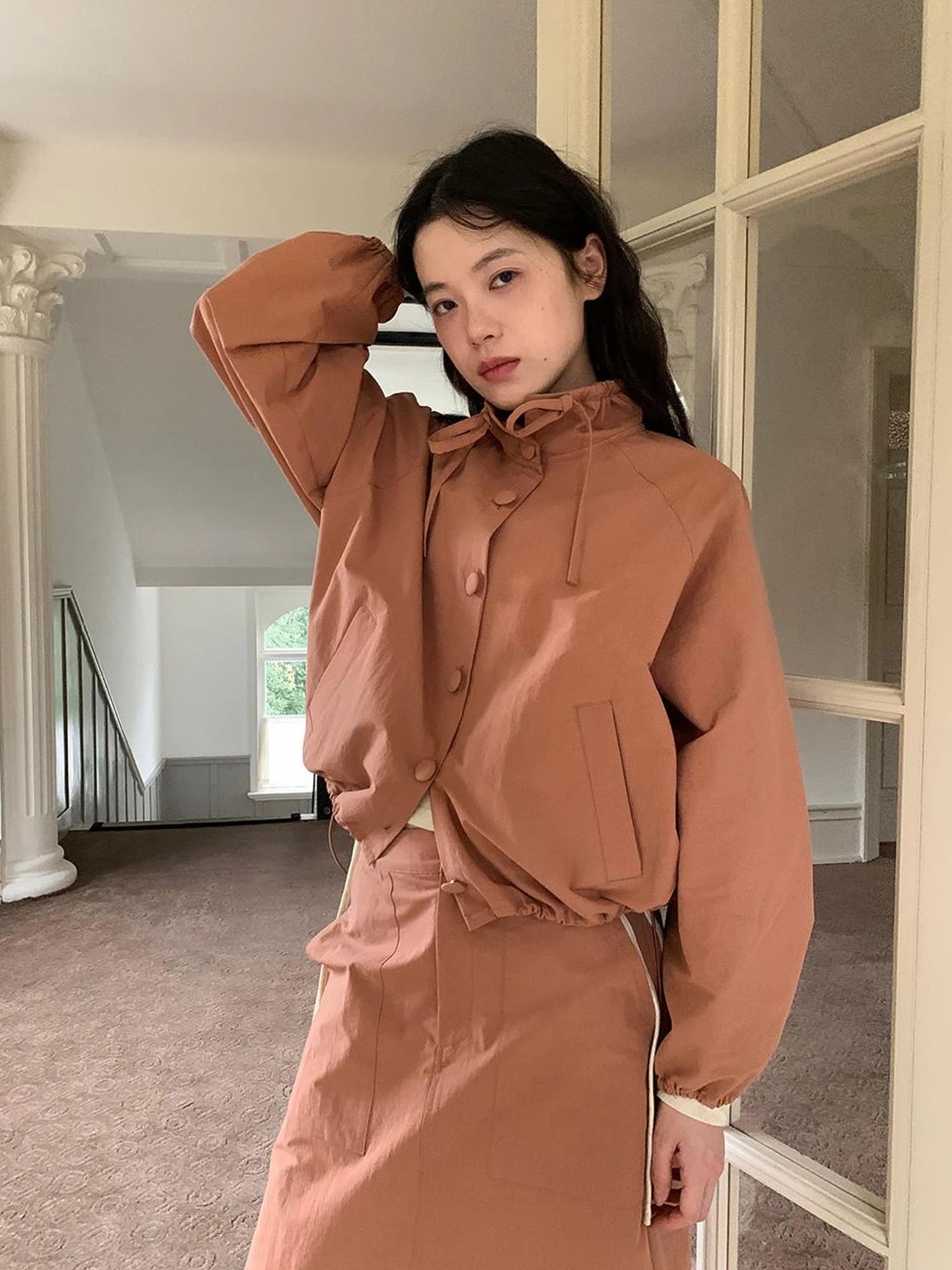 Dory Dory Pink Orange High Neck Ribbon Jacket