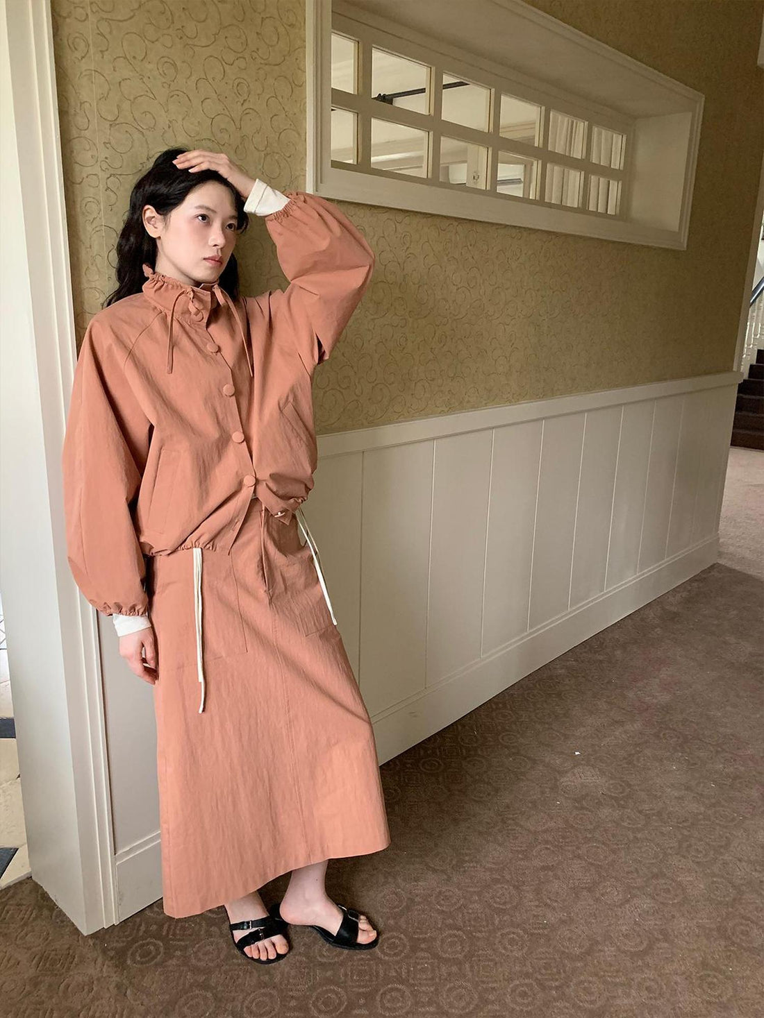 Dorydory Dory Dory Pink Orange High Neck Ribbon Jacket