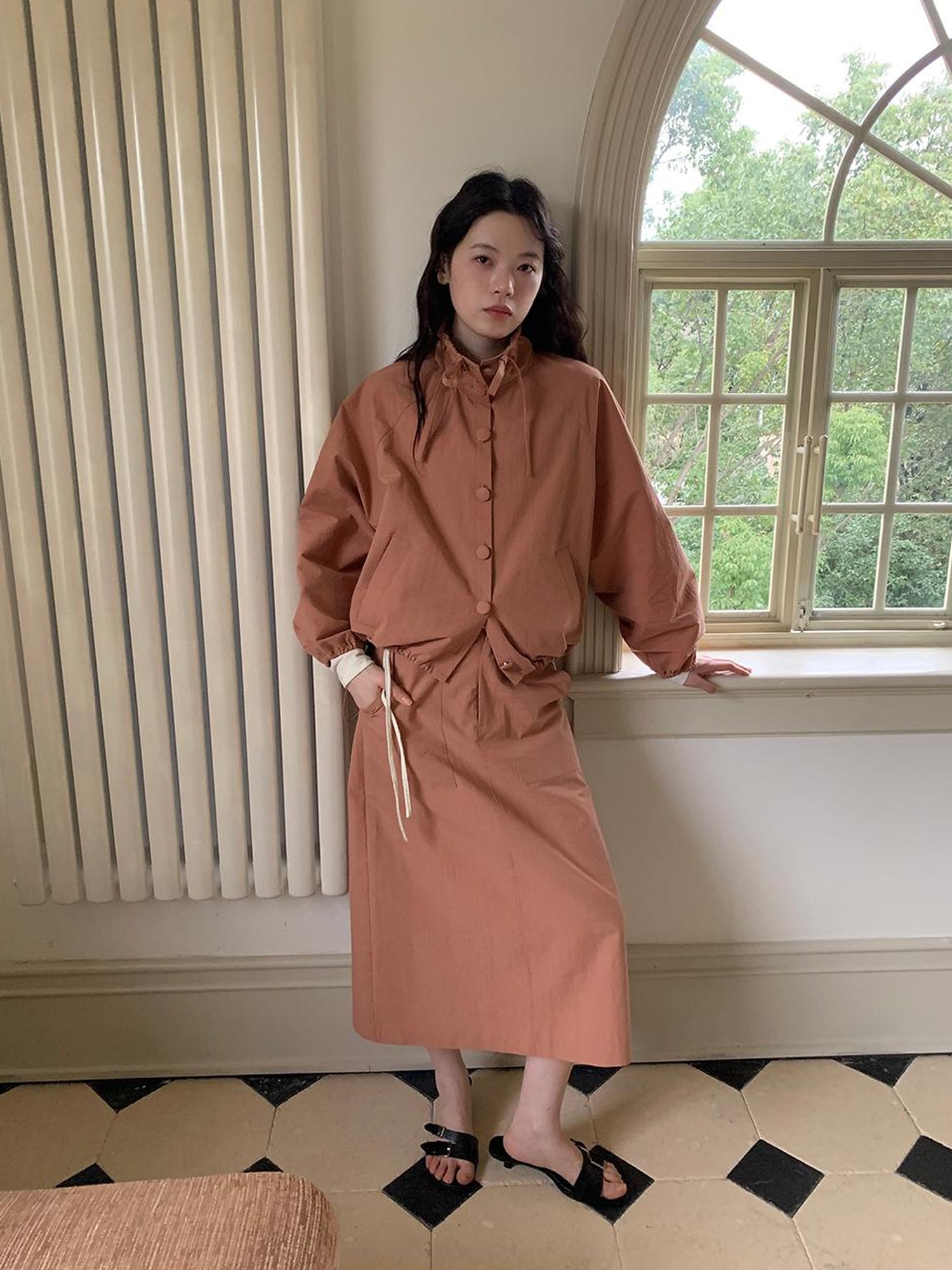 Dorydory Dory Dory Pink Orange High Neck Ribbon Jacket