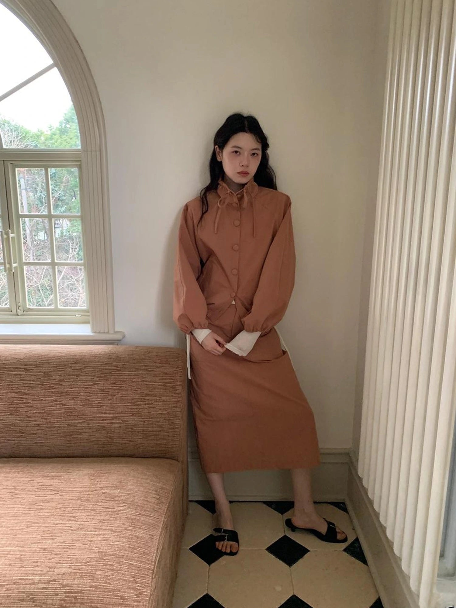 Dory Dory Pink Orange High Neck Ribbon Jacket