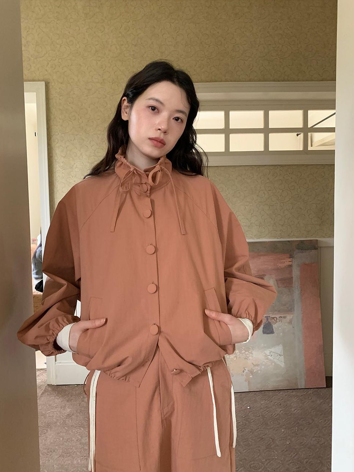 Dorydory Dory Dory Pink Orange High Neck Ribbon Jacket