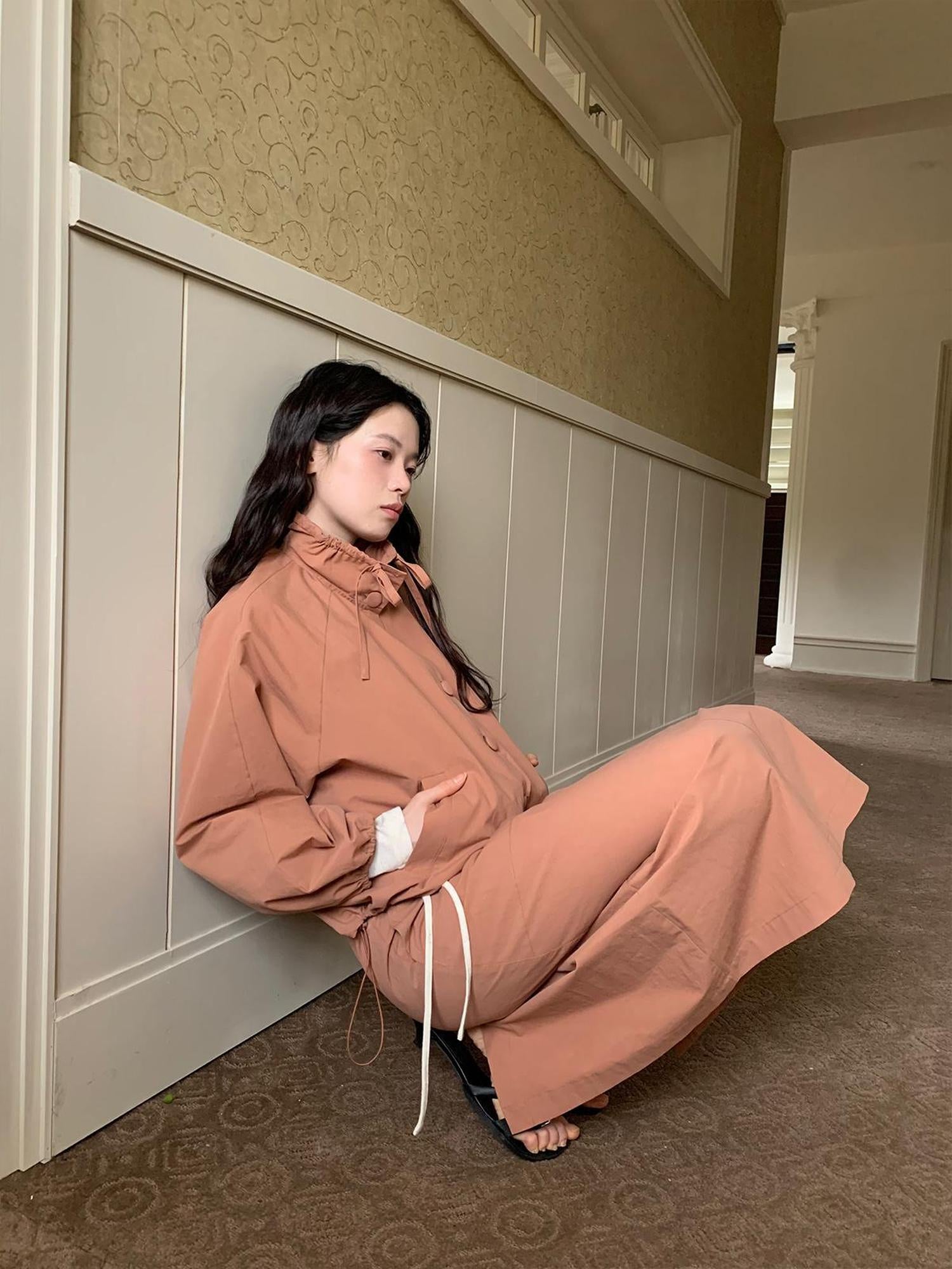 Dorydory Dory Dory Pink Orange High Neck Ribbon Jacket