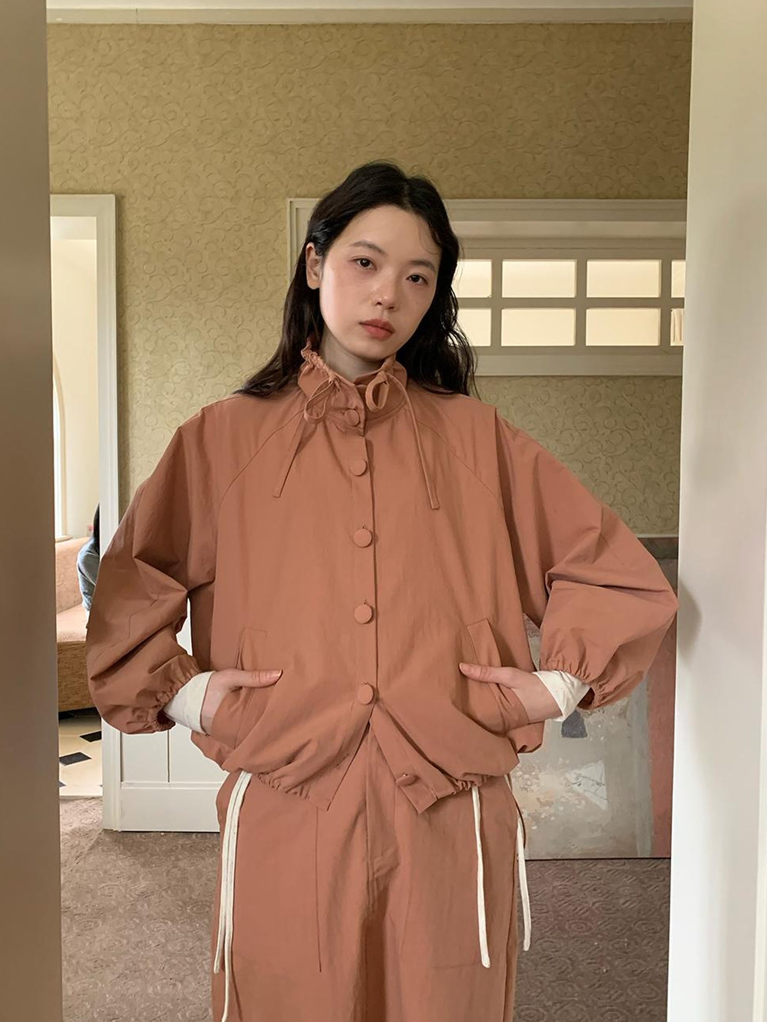 Dorydory Dory Dory Pink Orange High Neck Ribbon Jacket