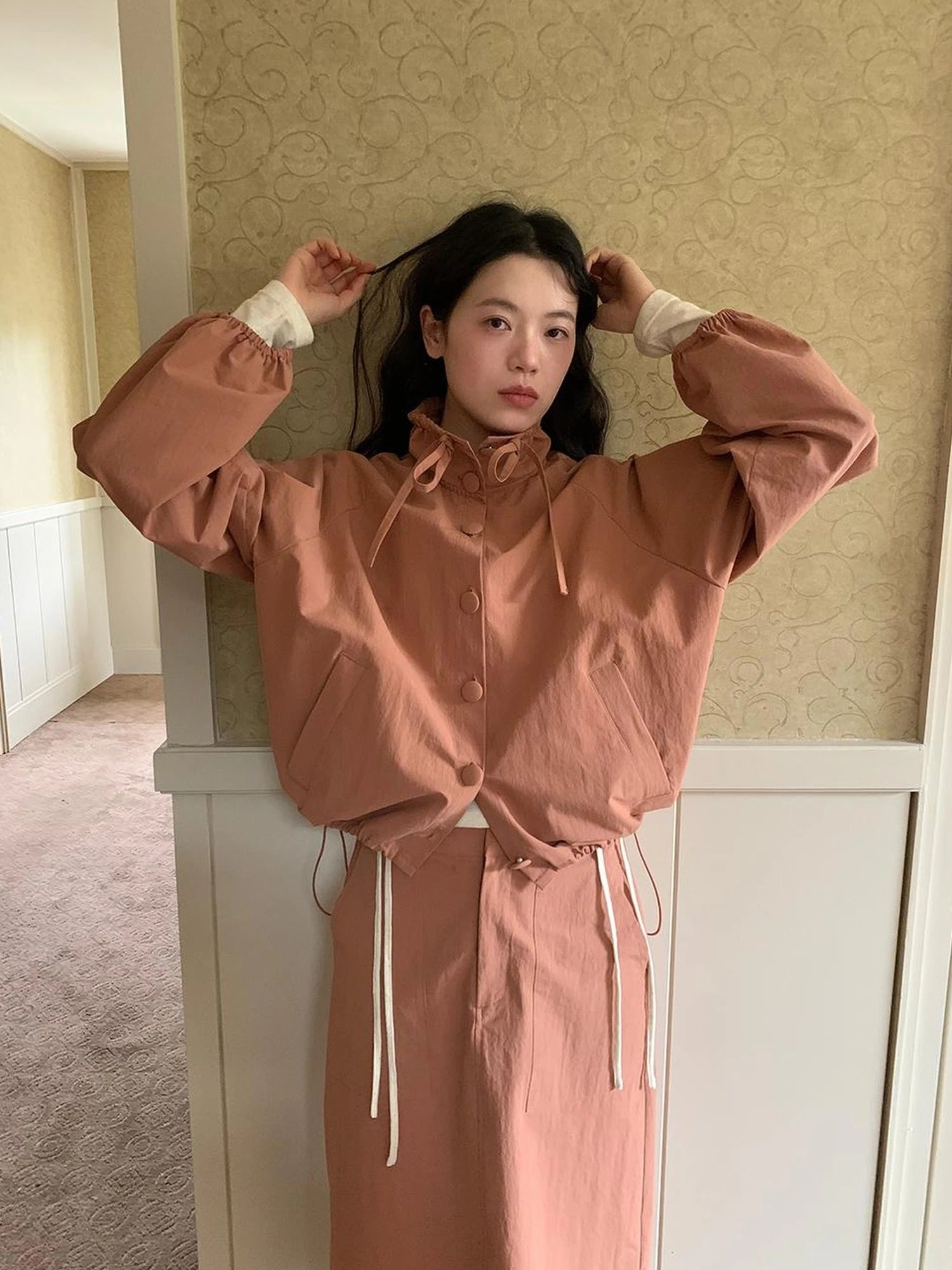 Dory Dory Pink Orange High Neck Ribbon Jacket