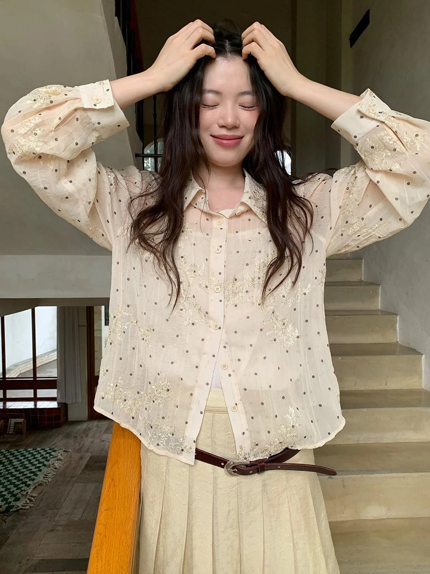 Dory Dot Jacquard Shirt With Gold Embroidery