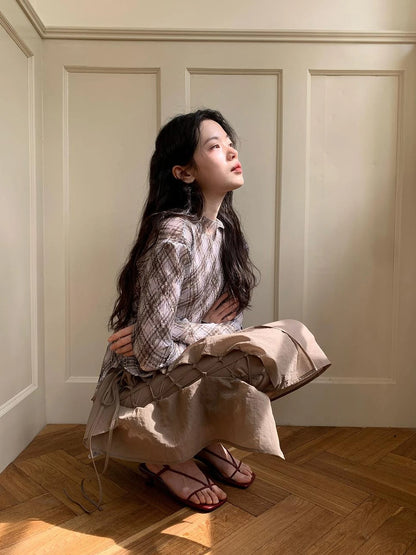 Dorydory Diamond Mesh Ruffle Hem Long Sleeve Tee