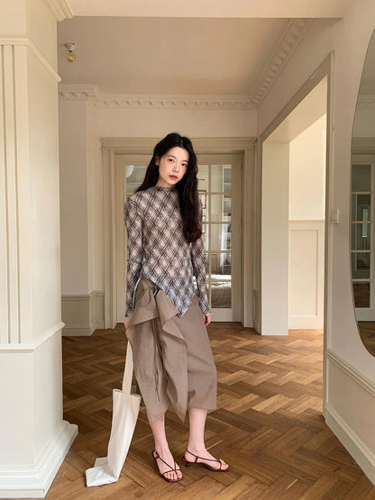 Dorydory Diamond Mesh Ruffle Hem Long Sleeve Tee