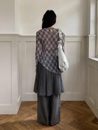 Dorydory Diamond Mesh Ruffle Hem Long Sleeve Tee