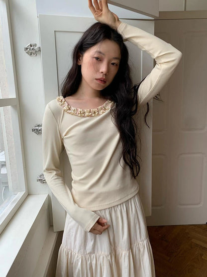 Dorydory White Lace Trim Knit Top With Gold Button