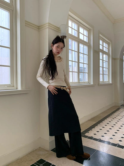 Dorydory White Lace Trim Knit Top With Gold Button