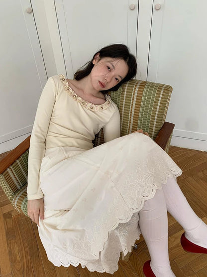 Dorydory White Lace Trim Knit Top With Gold Button