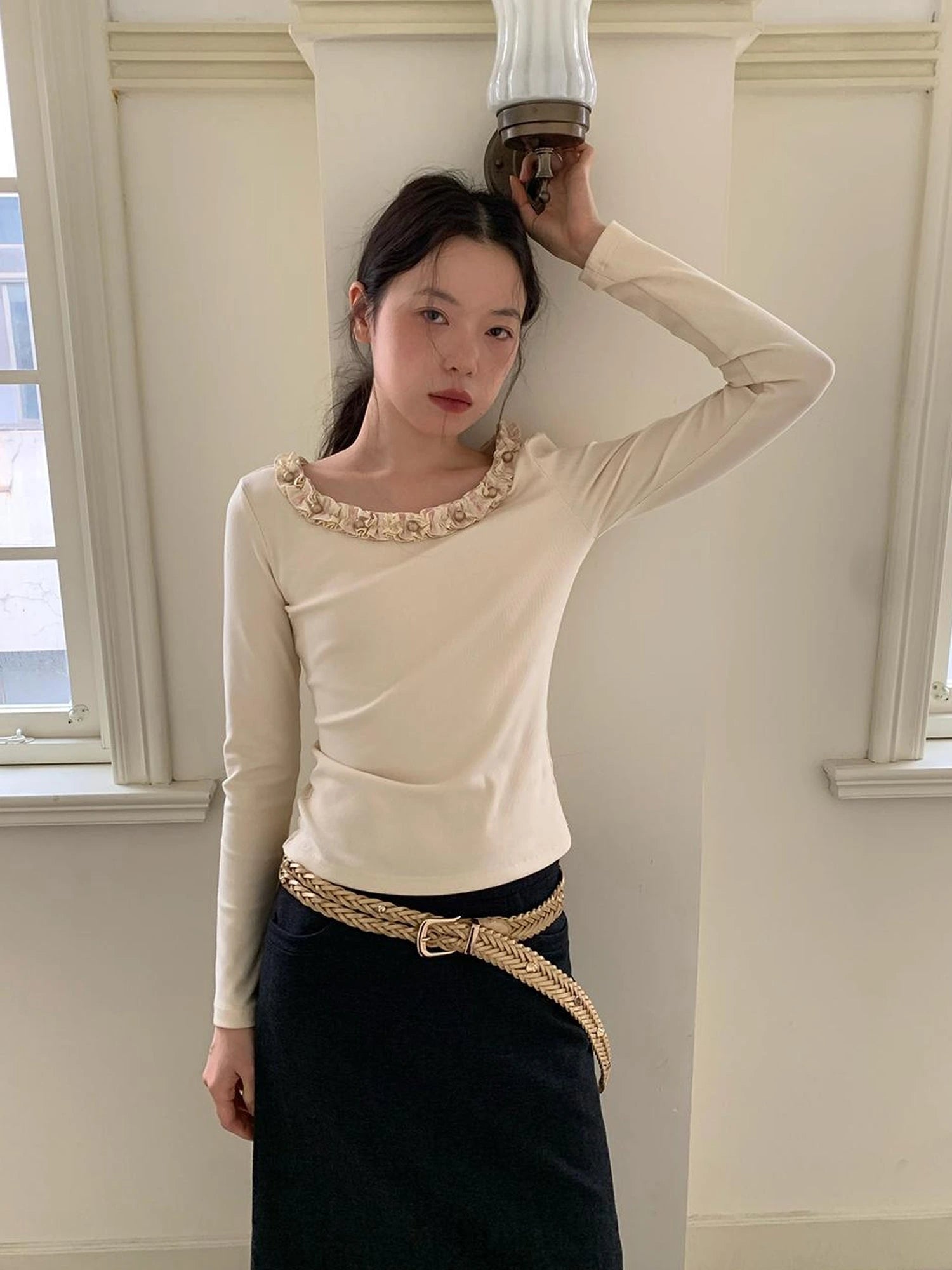 Dorydory White Lace Trim Knit Top With Gold Button