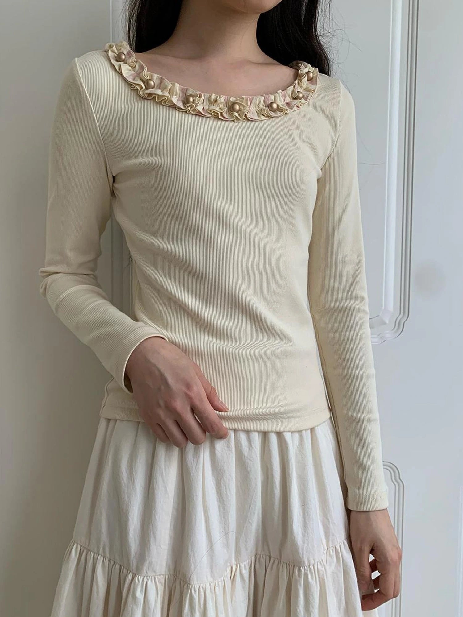 Dorydory White Lace Trim Knit Top With Gold Button