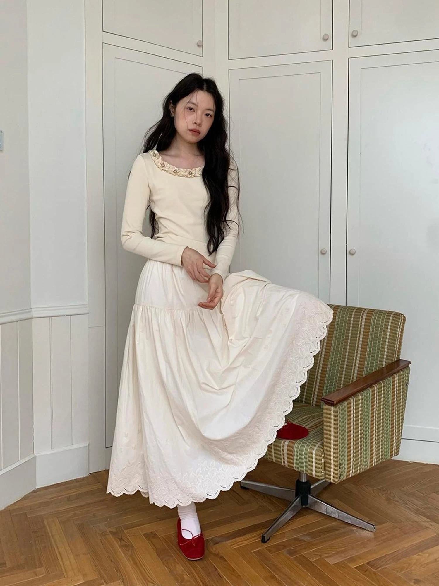 Dorydory White Lace Trim Knit Top With Gold Button