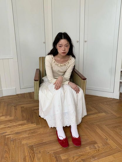 Dorydory White Lace Trim Knit Top With Gold Button