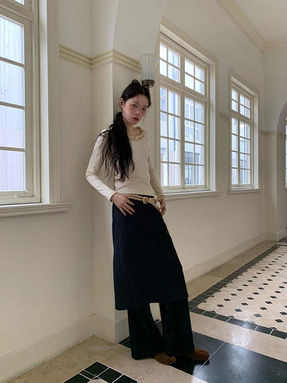 Dorydory White Lace Trim Knit Top With Gold Button