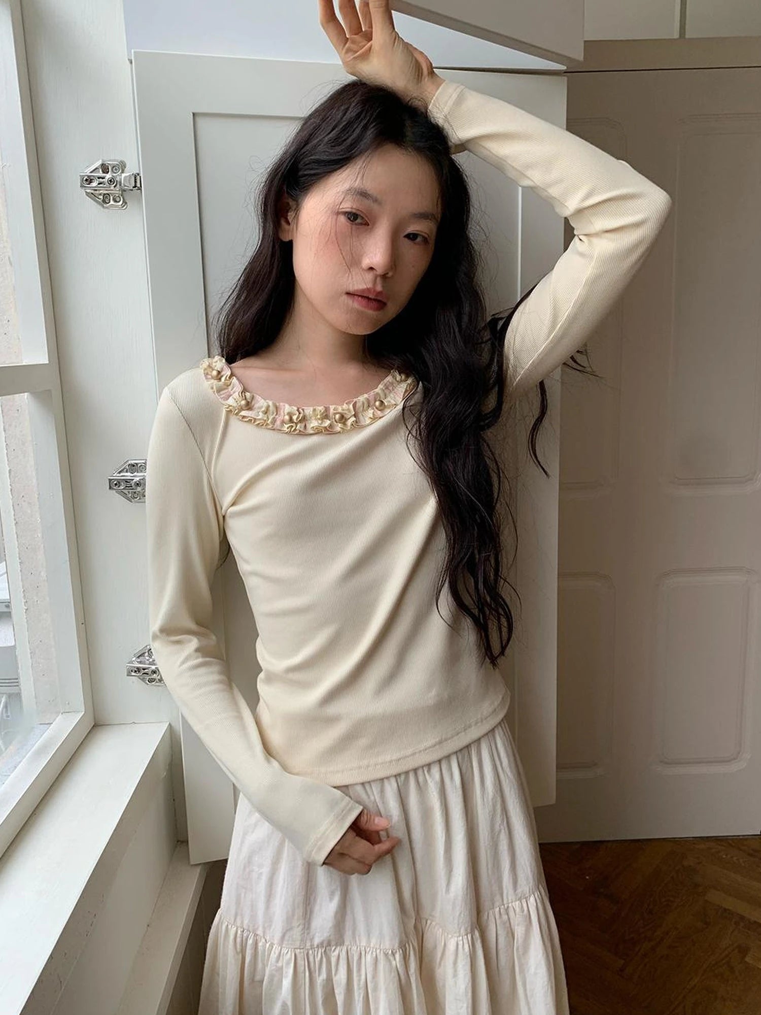 Dorydory White Lace Trim Knit Top With Gold Button