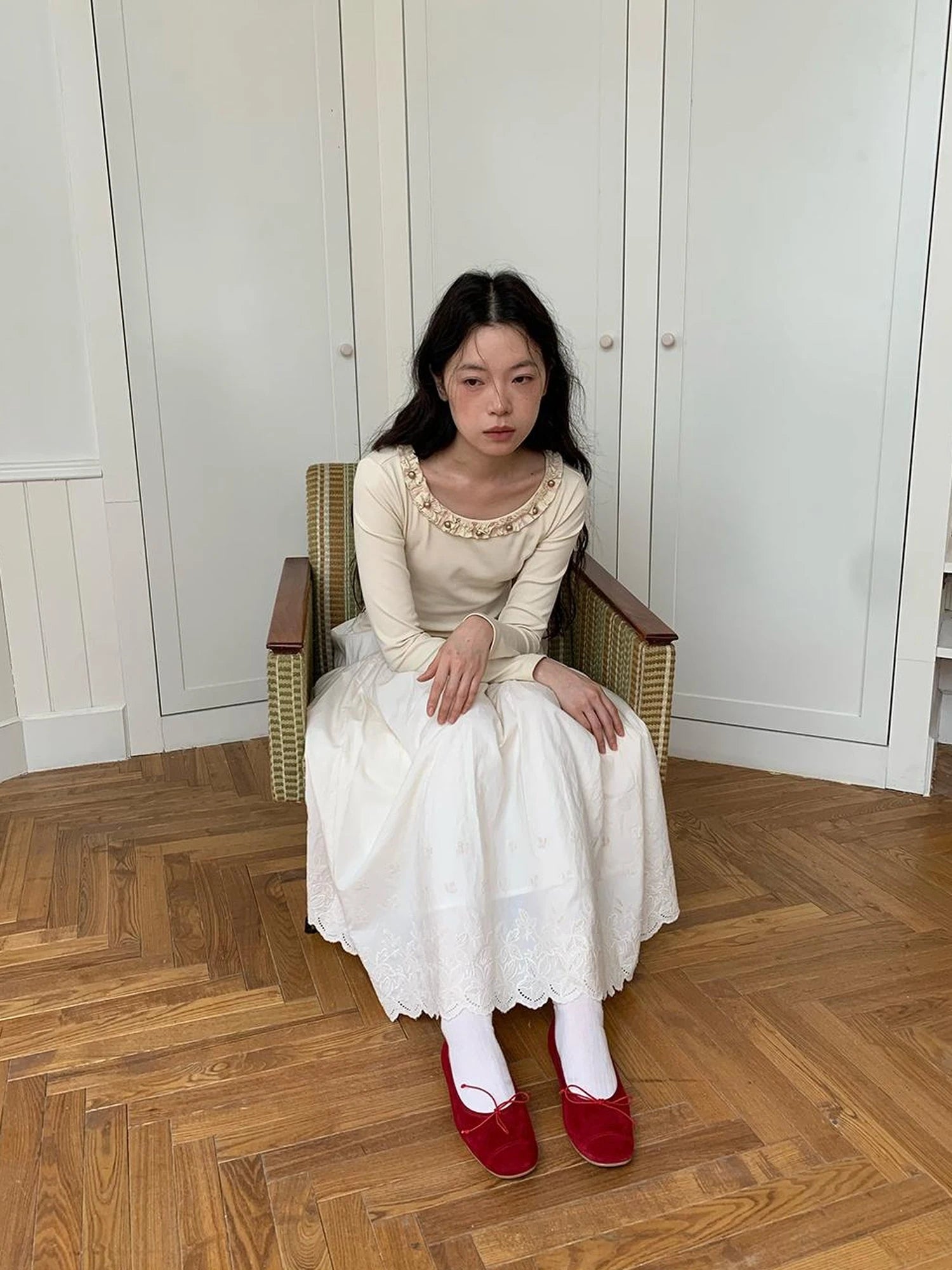 Dorydory White Lace Trim Knit Top With Gold Button