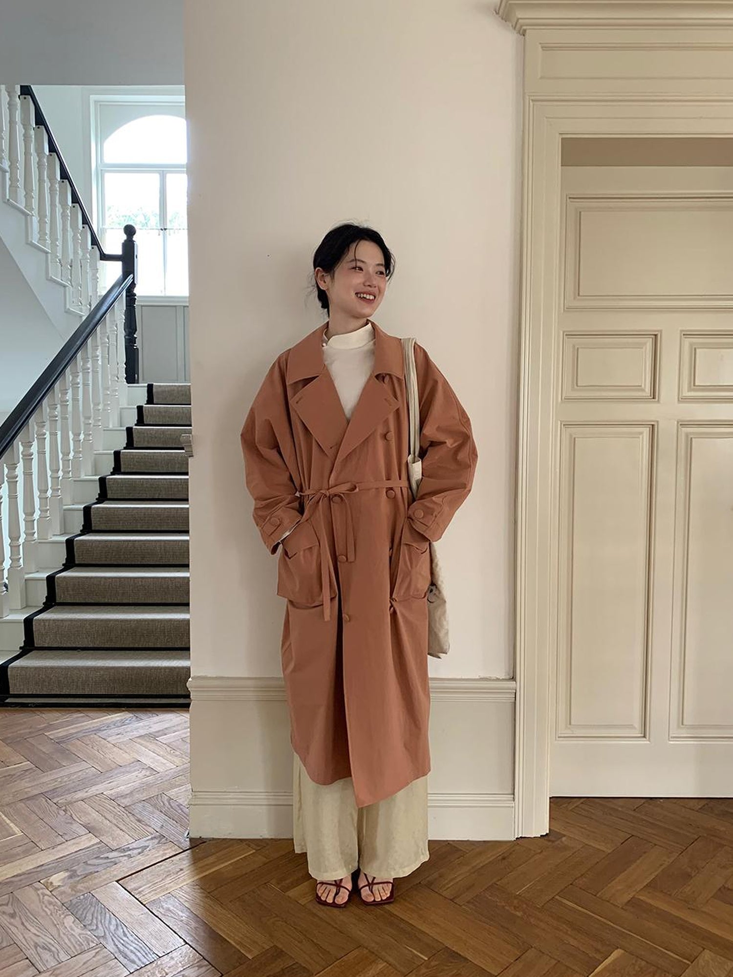 Dorydory Double Breasted Coral Pink Trench Coat