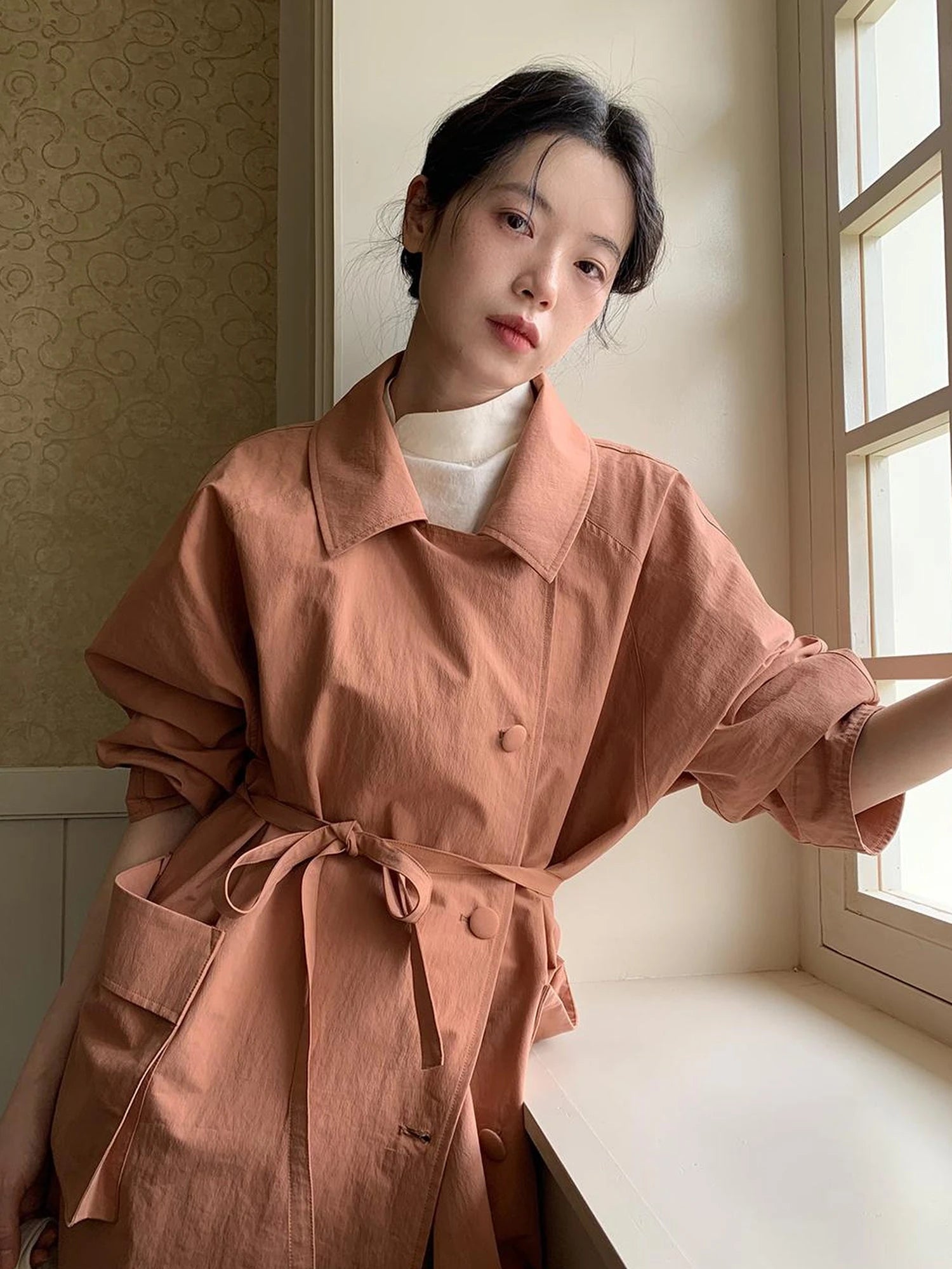 Double Breasted Coral Pink Trench Coat
