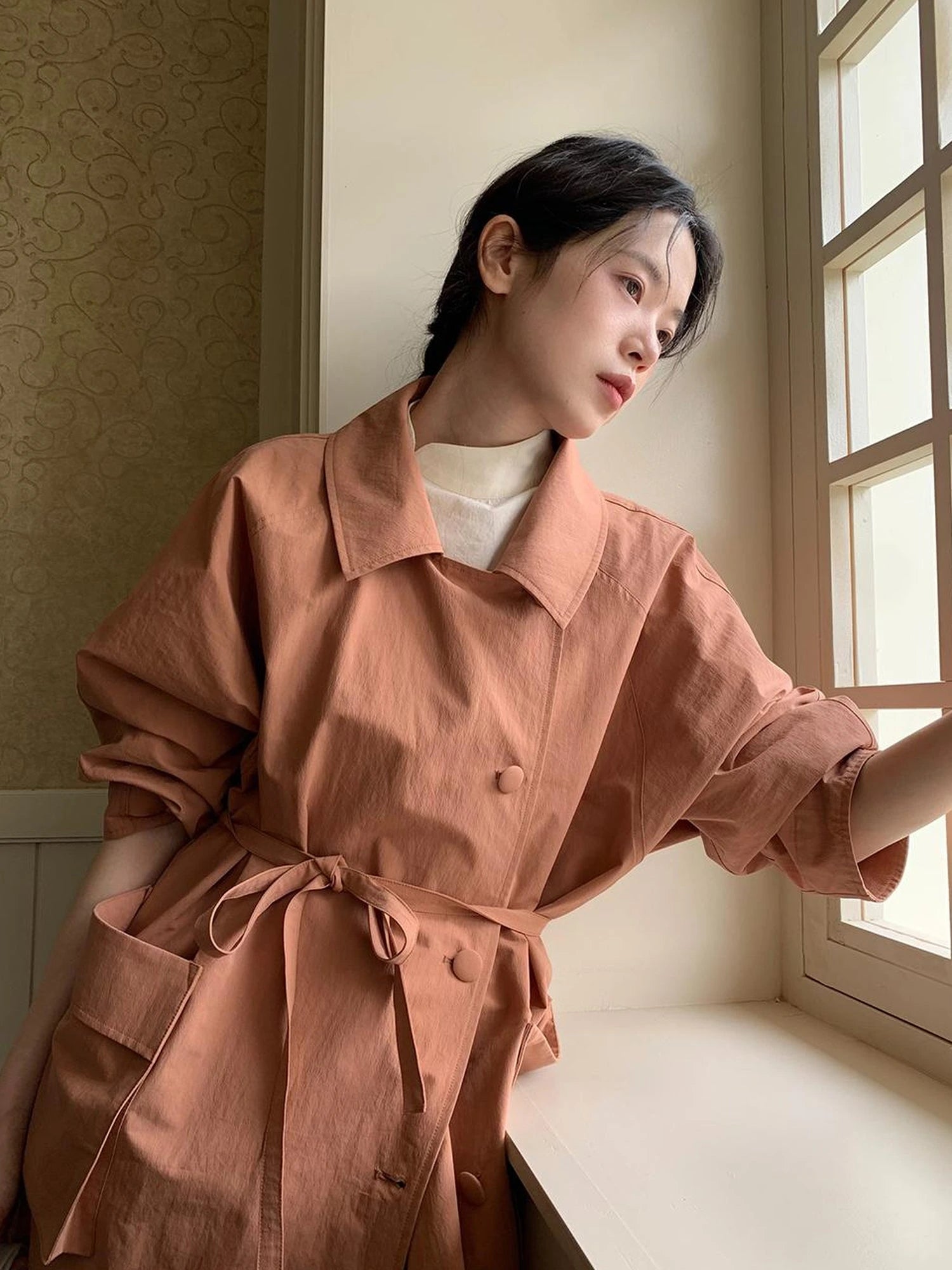 Double Breasted Coral Pink Trench Coat