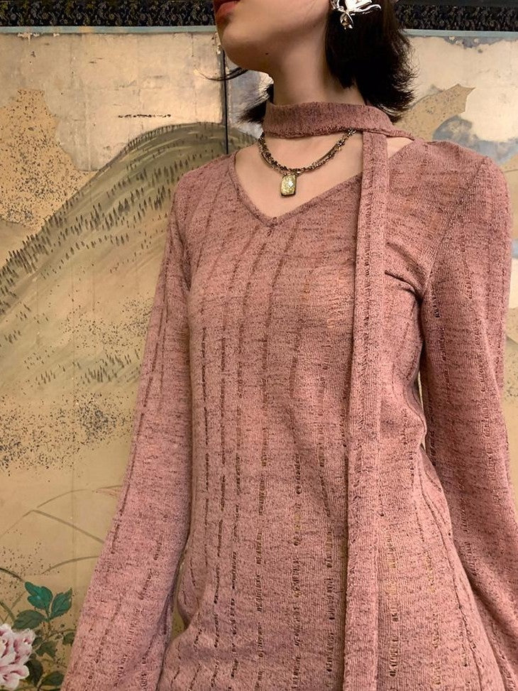 Dorydory Dusty Pink Hollowout Knit New Chinese Women&