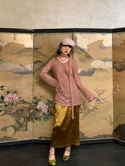 Dorydory Dusty Pink Hollowout Knit New Chinese Women&