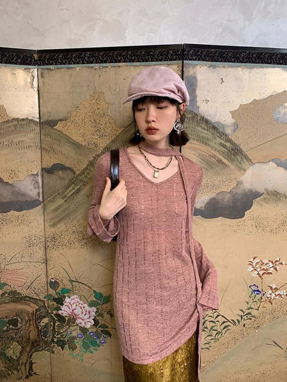 Dorydory Dusty Pink Hollowout Knit New Chinese Women&