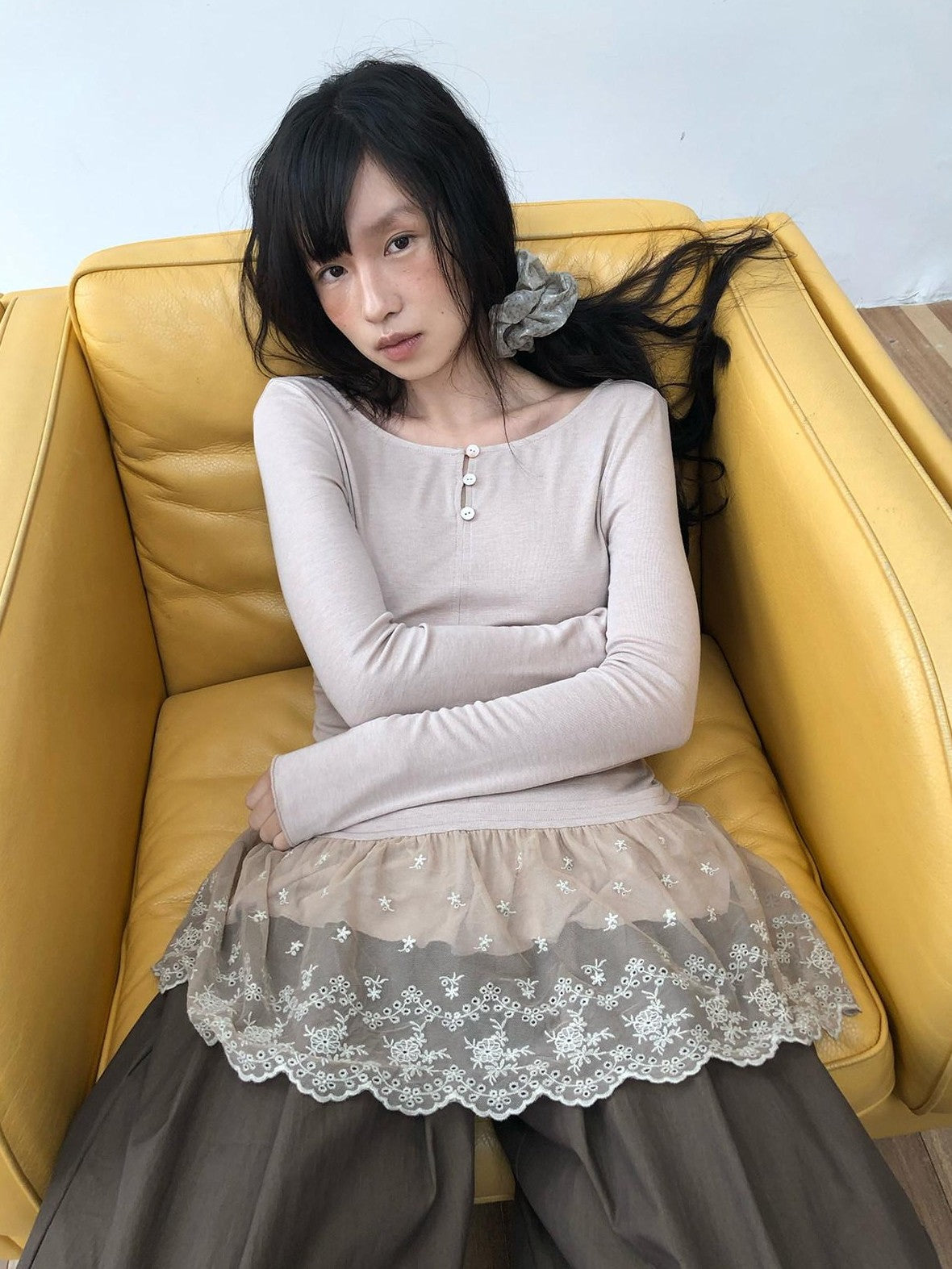 Dorydory Dusty Pink Rabbit Hair Lace Spliced Slim Women&