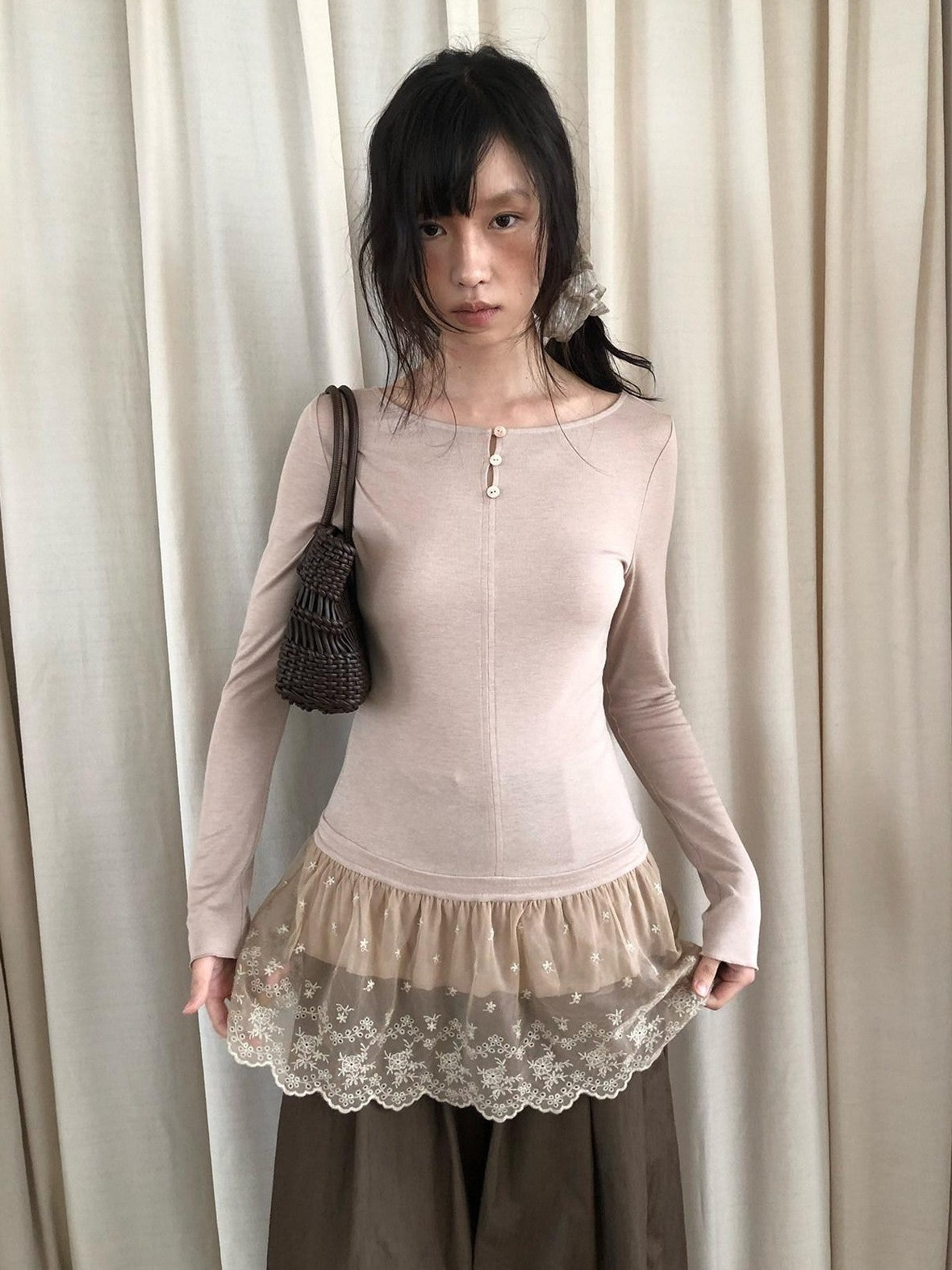 Dorydory Dusty Pink Rabbit Hair Lace Spliced Slim Women&