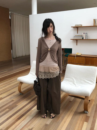 Dorydory Dusty Pink Rabbit Hair Lace Spliced Slim Women&