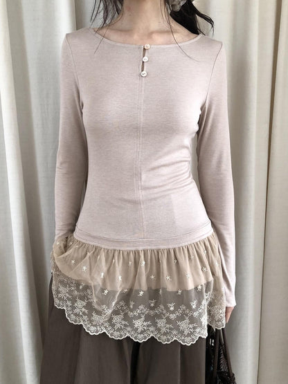 Dorydory Dusty Pink Rabbit Hair Lace Spliced Slim Women&