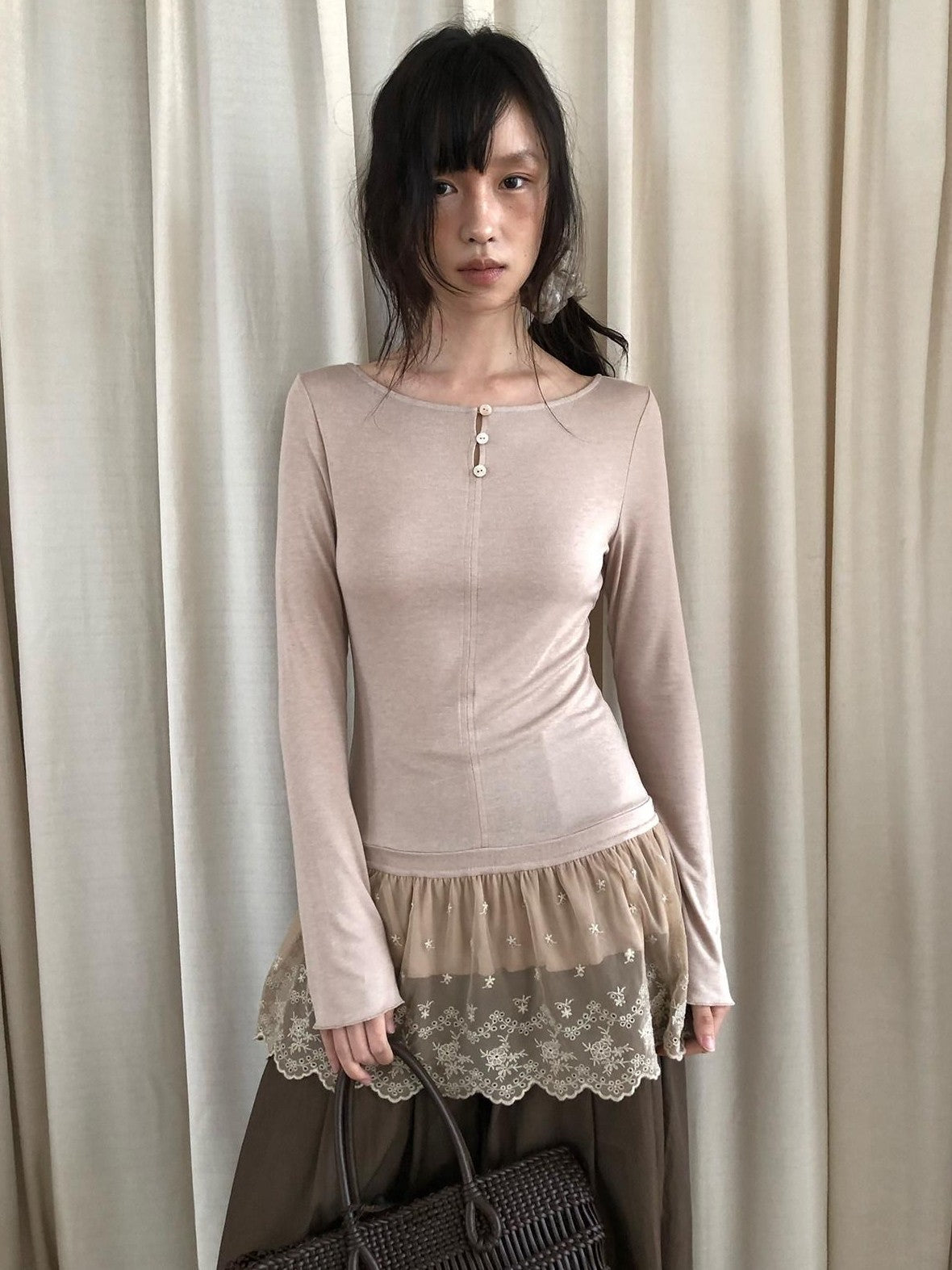 Dorydory Dusty Pink Rabbit Hair Lace Spliced Slim Women&