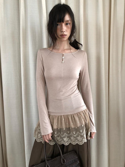 Dorydory Dusty Pink Rabbit Hair Lace Spliced Slim Women&