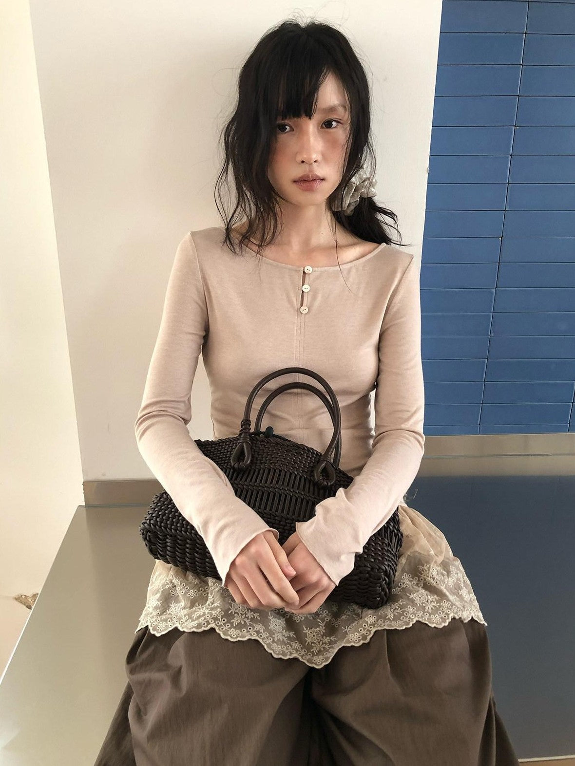 Dorydory Dusty Pink Rabbit Hair Lace Spliced Slim Women&