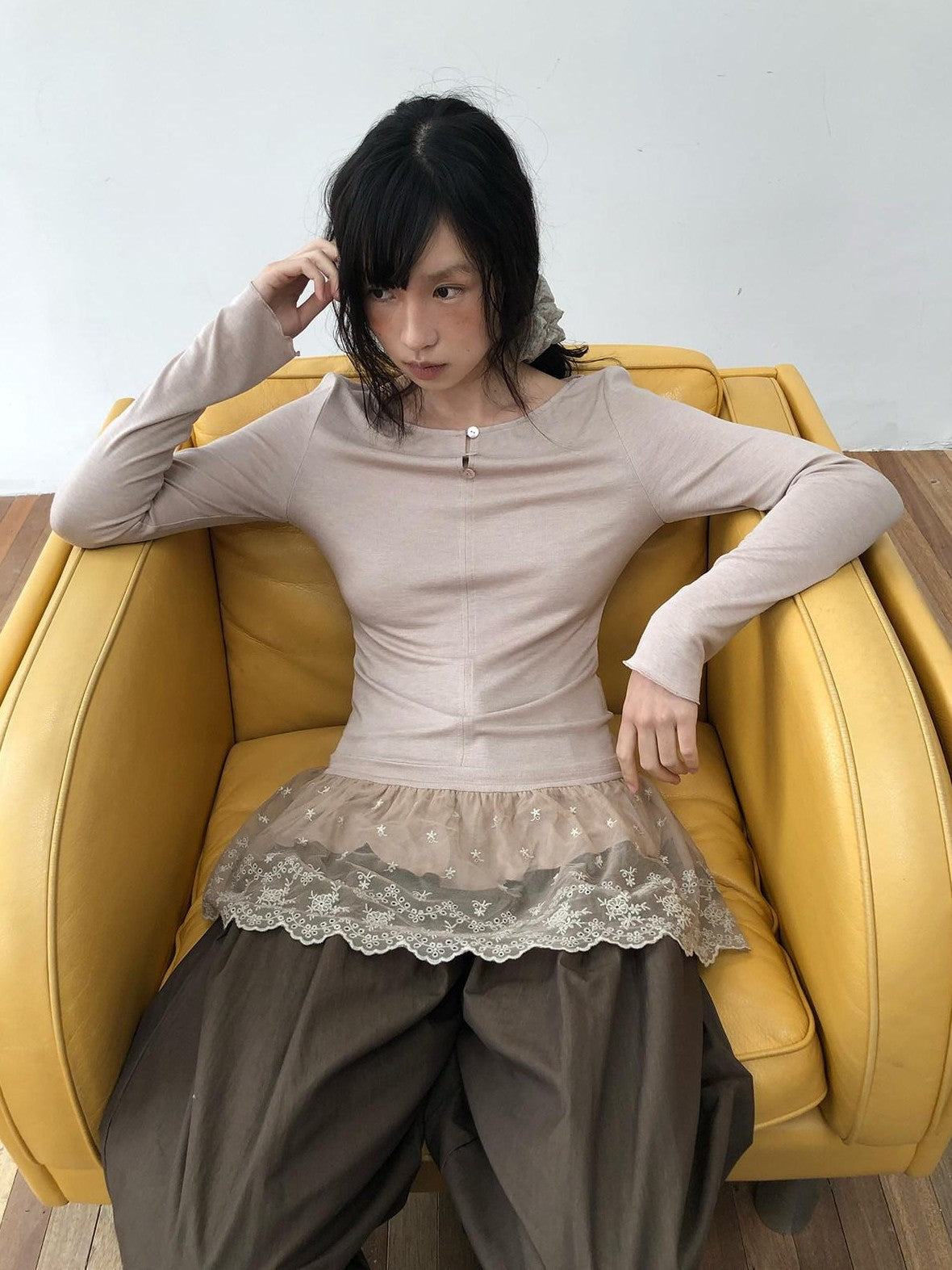 Dorydory Dusty Pink Rabbit Hair Lace Spliced Slim Women&