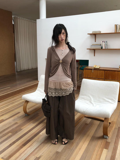 Dorydory Dusty Pink Rabbit Hair Lace Spliced Slim Women&