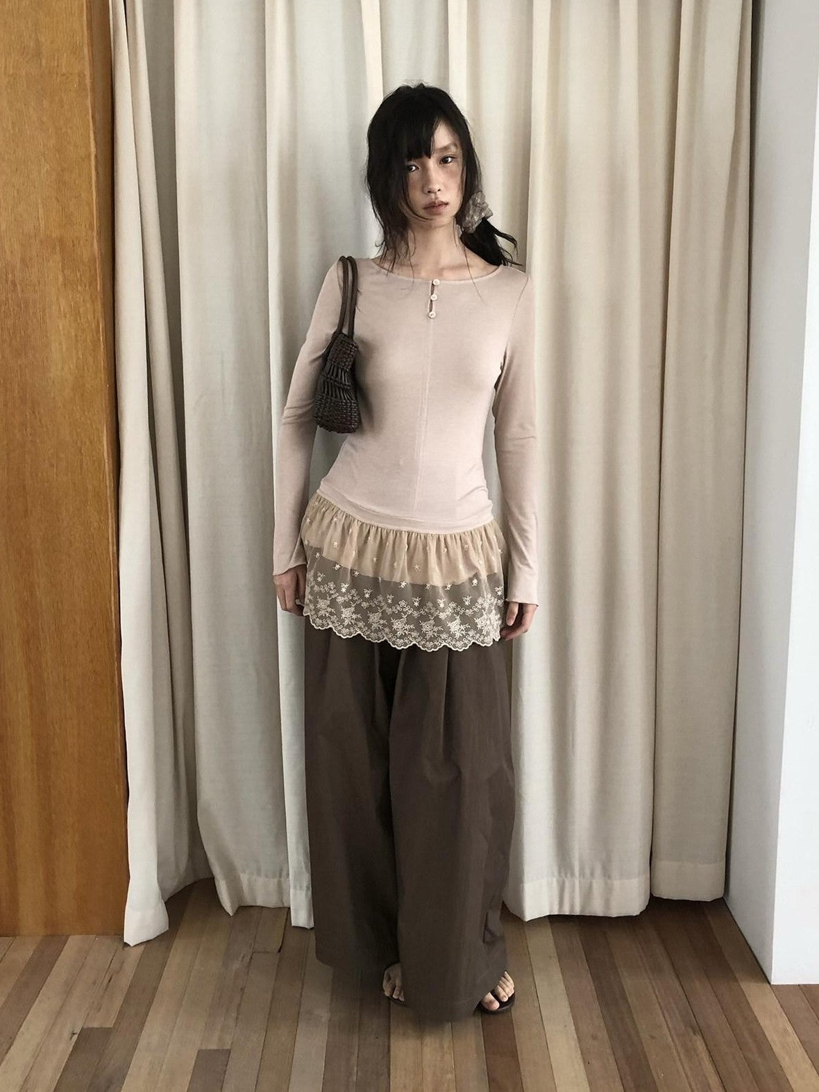 Dorydory Dusty Pink Rabbit Hair Lace Spliced Slim Women&