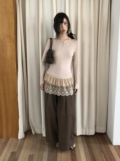 Dorydory Dusty Pink Rabbit Hair Lace Spliced Slim Women&