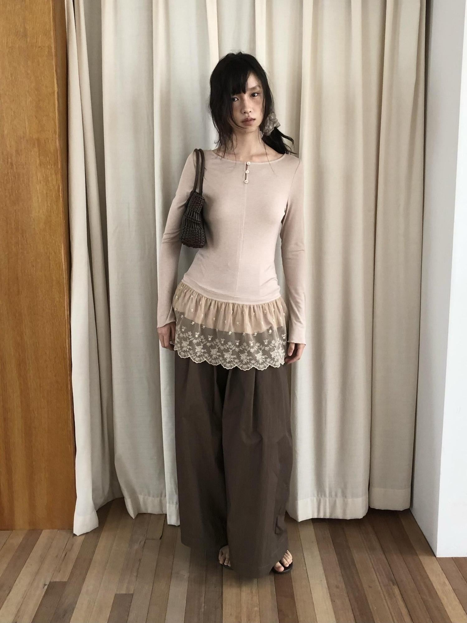Dorydory Dusty Pink Rabbit Hair Lace Spliced Slim Women&