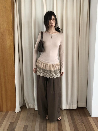 Dorydory Dusty Pink Rabbit Hair Lace Spliced Slim Women&