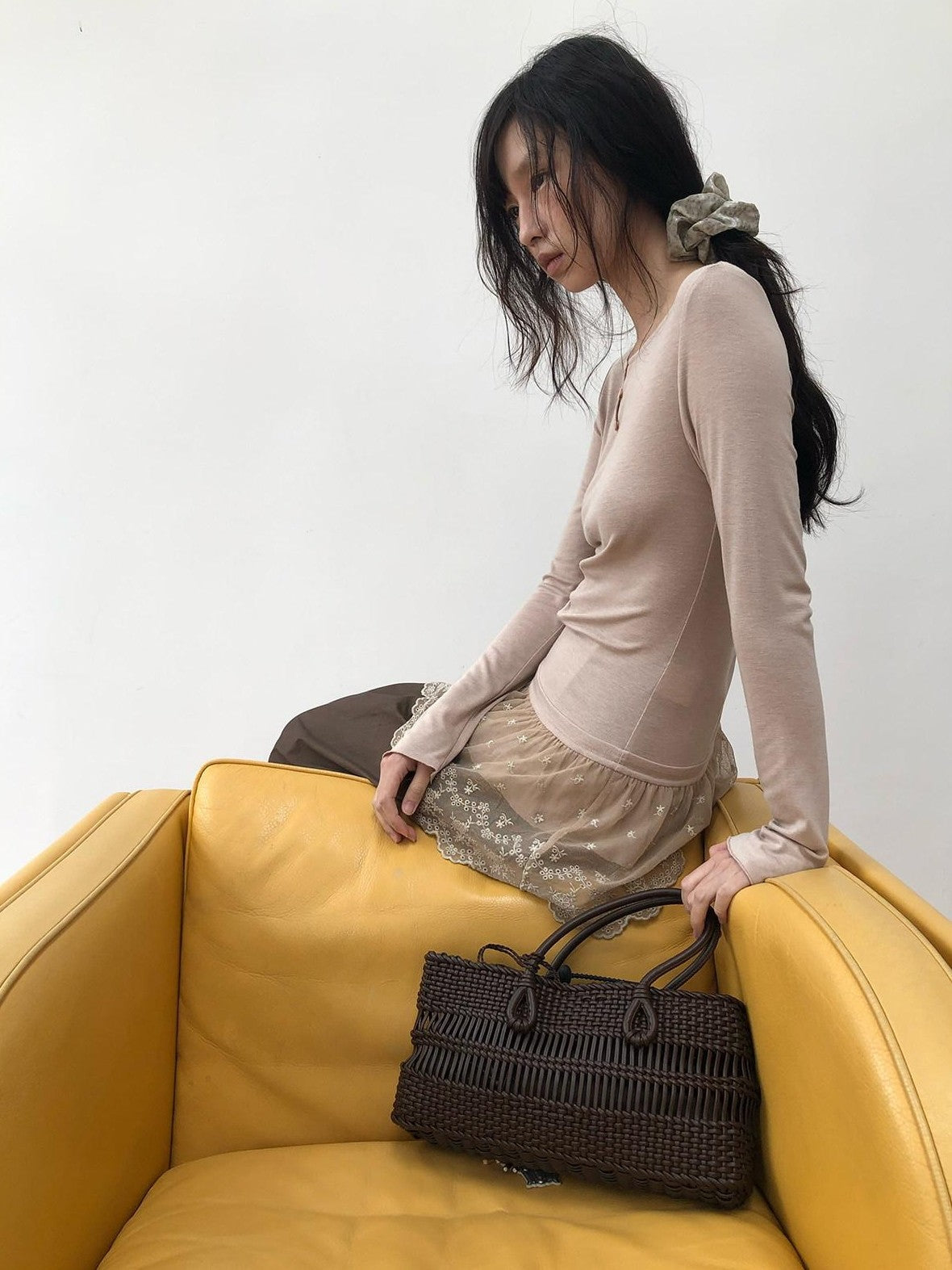 Dorydory Dusty Pink Rabbit Hair Lace Spliced Slim Women&