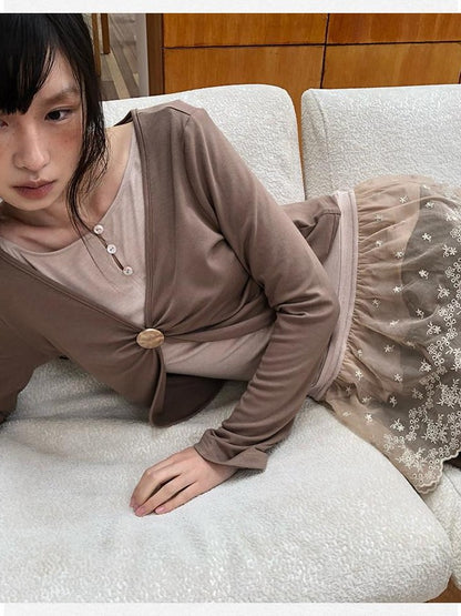 Dorydory Dusty Pink Rabbit Hair Lace Spliced Slim Women&