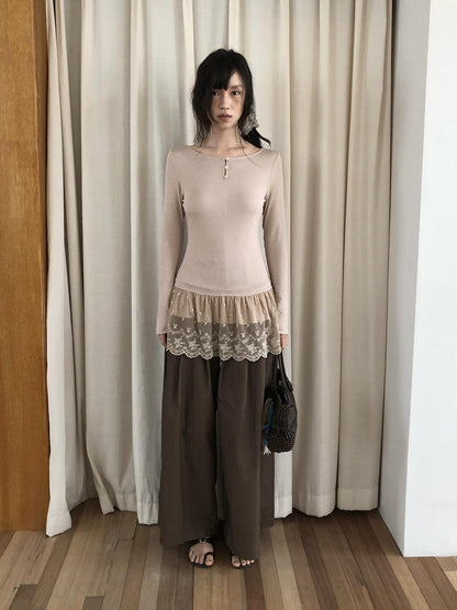 Dorydory Dusty Pink Rabbit Hair Lace Spliced Slim Women&
