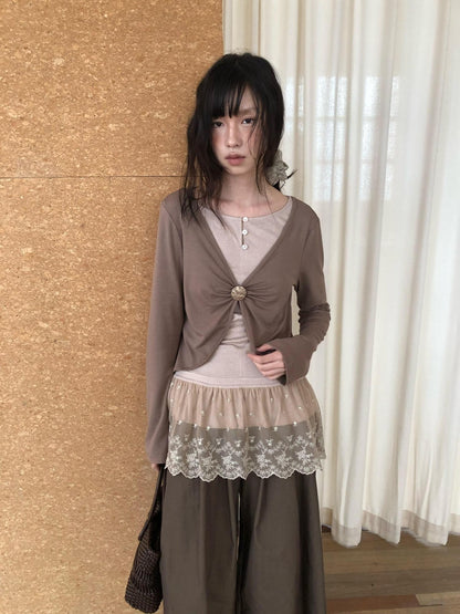 Dorydory Dusty Pink Rabbit Hair Lace Spliced Slim Women&